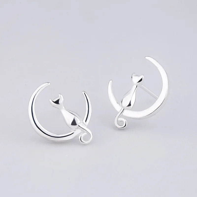 Cat On The Moon Earrings - 925 Sterling Silver
